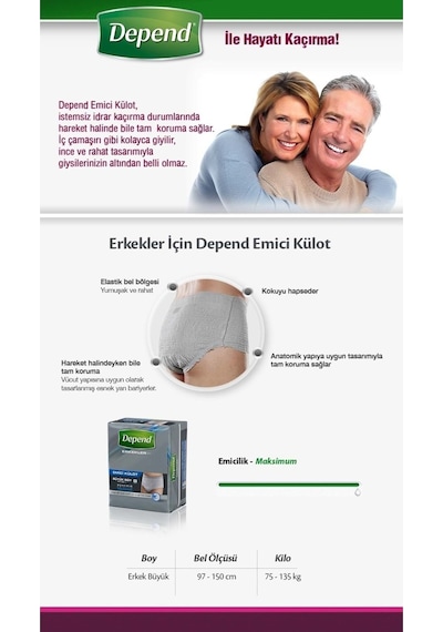 Depend Emici Külot Hasta Bezi Büyük Erkek 12 x 8'li