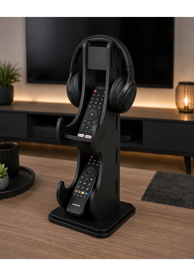 Ahşap Tv Kumandası Ve Kulaklık Standı Siyah 2 Kumandalık Düzenleyici 14,5x27 Cm 3 Mm Mdf 14.5x27