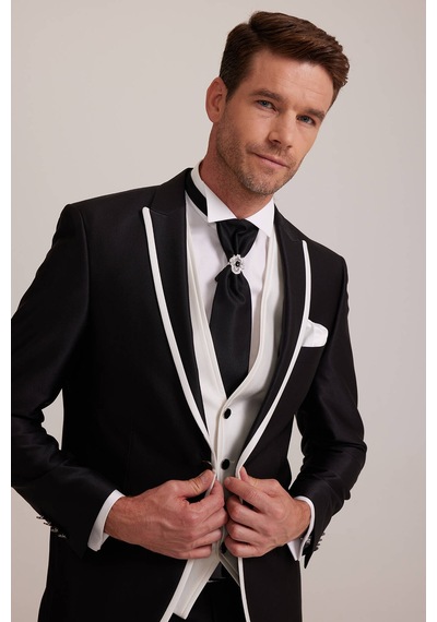 Ysf Erkek Siyah Kırlangıç Yaka Yelekli Desenli Slim Fit Damatlık