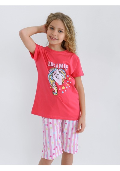 Kız Çocuk Kısa Kollu Kapri %100 Pamuklu Pijama Takımı Dreamer Girl Fuşya