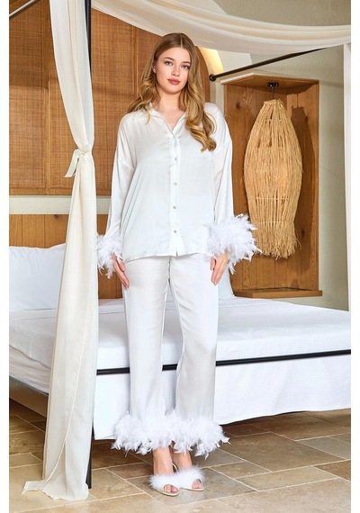 Aqua 25583 Gömlek Yaka Otrişli Saten Pijama Takımı Krem