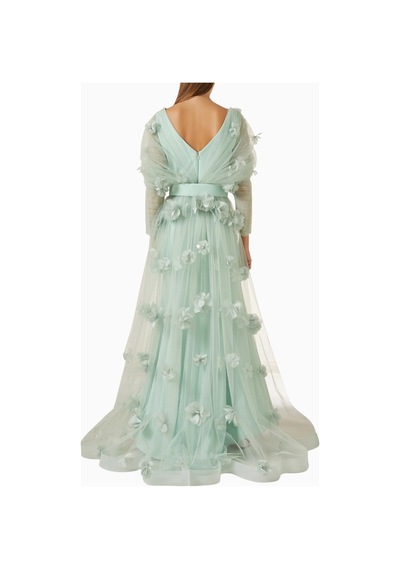 Ac By Aanchal Chanda 3d Floral - Applique Çiçek Aplikeli Uzun Kuyruklu Kadın Elbise Yeşil