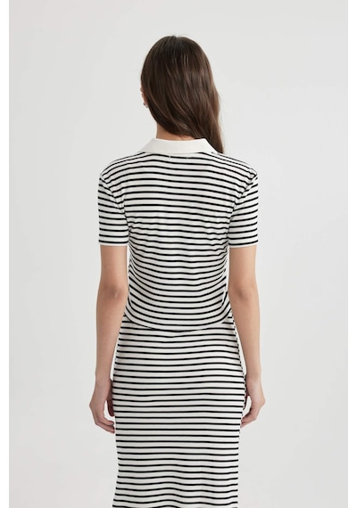 Defacto Fitted Çizgili Polo Yaka Kısa Kollu Tişört A0380AX23SM Beyaz