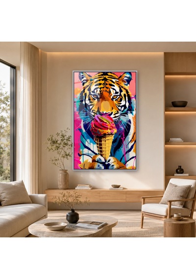Dondurma Külahıyla Pop-art Kaplan Portresi Gümüş Çerçeveli Cam Tablo