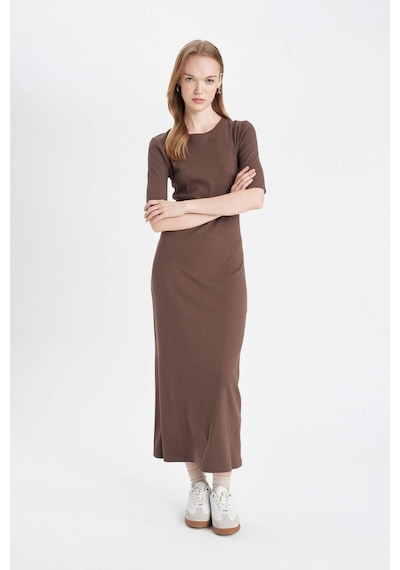 Defacto Bodycon Vücuda Oturan Bisiklet Yaka Basic Düz Fitilli Kaşkorse Kısa Kollu Maxi Elbise D8623AX24AUBN540