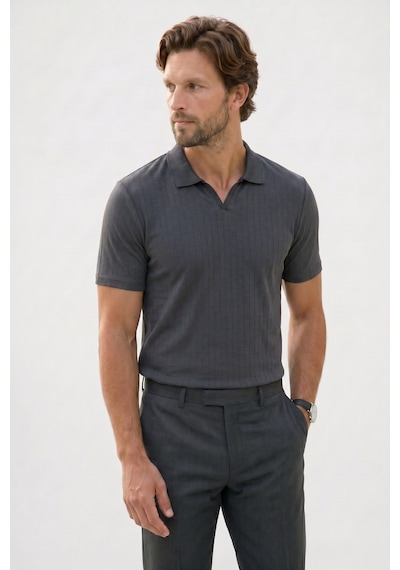 Tudors Erkek Slim Fit Dar Kesim Pamuklu Kısa Kollu Çizgili Antrasit Polo V Yaka Tişört-51129