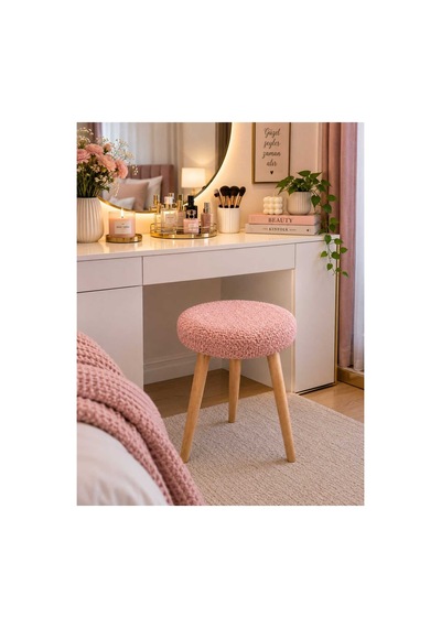Solo Teddy Kumaş Kaplı Tabure Puf Makyaj Masası Mutfak Balkon Salon Ahşap Ayaklı Tabure Gülkurusu Gülkurusu