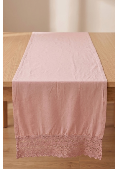 Pudra Lacy Pamuklu Dantelli Runner 40x150 Cm Pembe