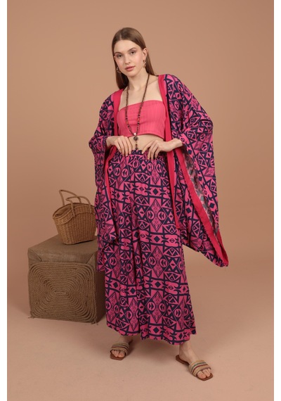 Chıcnhappy Empirme Viskon Kumaş Kadın Kimono Takım 24vl9330133 Fuşya