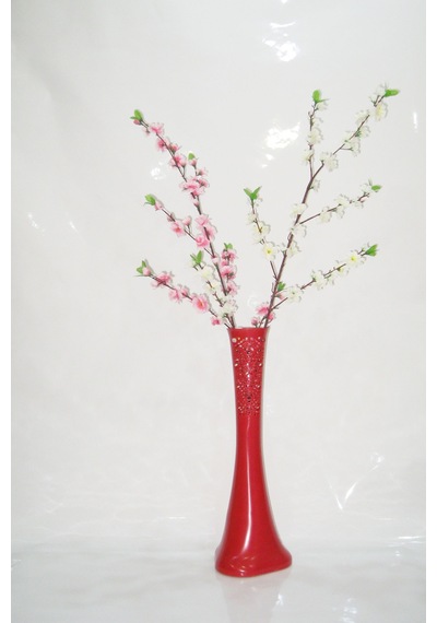 60 Cm Kırmızı Desenli Vazo Pembe Beyaz Bahar Dalı