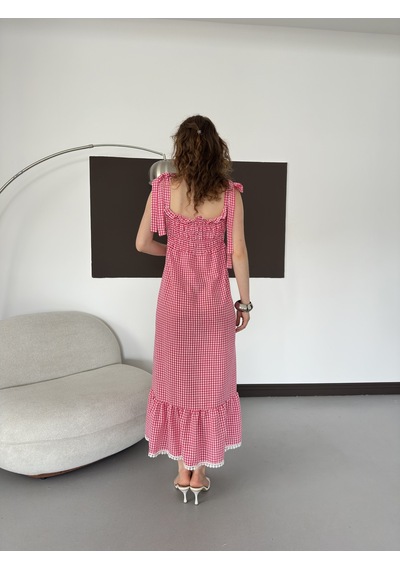 Verymoda Kadın Pötikare Desenli Askı Bağlama Detaylı Maxi Elbise D3108 Pembe