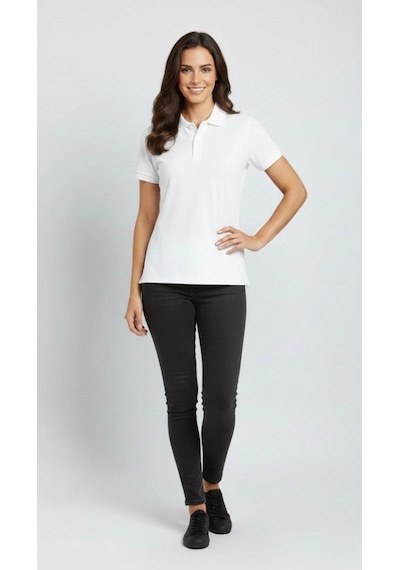 Kadın Polo Yaka Tişört Pike Kumaş Kısa Kol Regular Fit Yazlık T-shirt - Beyaz