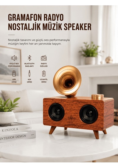 Shnstore Bluetooth Nostalji Speaker Radyo Gramofon Ahşap Renk Vintage Yeni Nesil Shntknd0720