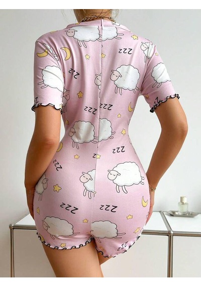 Findit Pamuklu Pembe Kuzu Desenli Düğmeli Uzun Kol Tulum Pijama