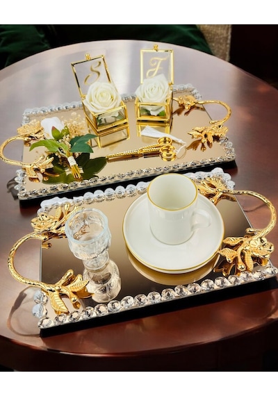 Amour Gold Lüks Swarovski Söz Nişan Tepsisi Lacivert Lacivert