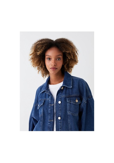 LC Waikiki Lcw Vision İndigo Gömlek Yaka Oversize Kadın Jean Ceket Orta İndigo Rodeo