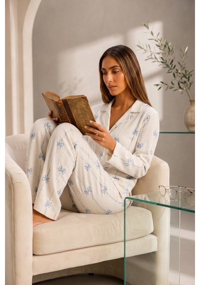 Fit Women Kadın Önden Düğmeli Uzun Kollu Alt Üst Beyaz Pijama Takımı