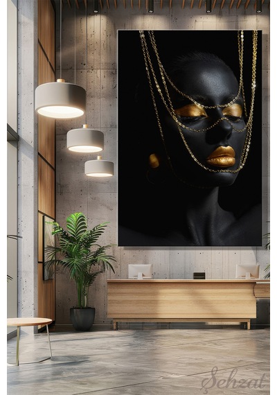 Dikey Kanvas Duvar Tablosu Tekli Salon Mutfak Yatak Odası Ofis Afrika Altın Kadın Makyaj Göz Dudak