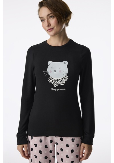 Penti Siyah Moody Uzun Kollu Tişört Pijama Üstü