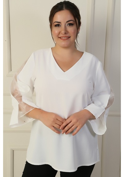 By Saygı V Yaka Yarı Organze Krep B.b. Bluz Ekru