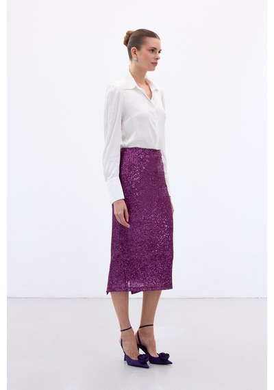 Sateen Payet Detaylı Kalem Etek - Mürdüm-136656 Mürdüm