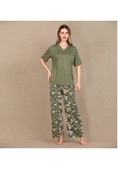 Aria's Closet Arias Closet Şık Tasarım Çiçek Desenli Yeşil Kısa Kol Viskon Pijama Takımı
