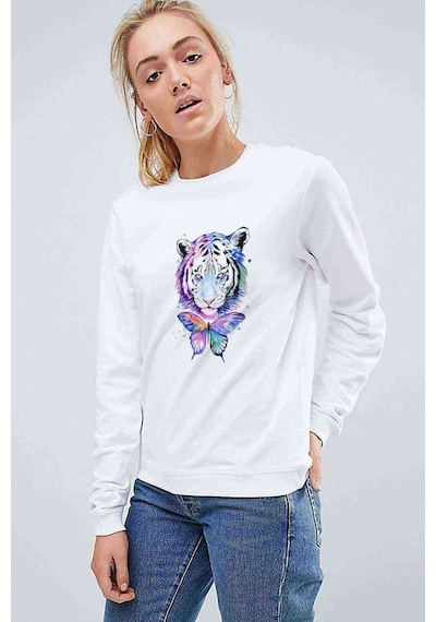 Watercolor Tiger Baskılı Beyaz Kadın Sweatshirt (534806296)