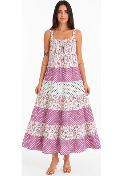 Moda Kadın Askılı Çiçek Desenli Keten Kumaş Kat Kat Salaş Maxi Elbise - Pembe Çok Renkli