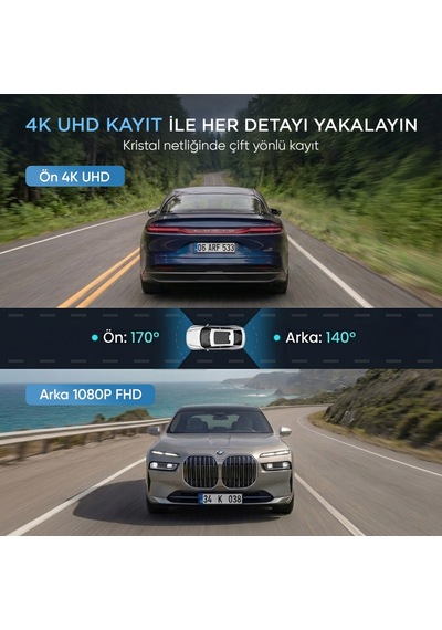 Juo C20 4k 2 Kameralı Uhd Ön + Fhd Arka Wifi Gps Hdr 170 Derece Geniş Açı Gece Görüşlü Ekranlı Araç İçi Kamera