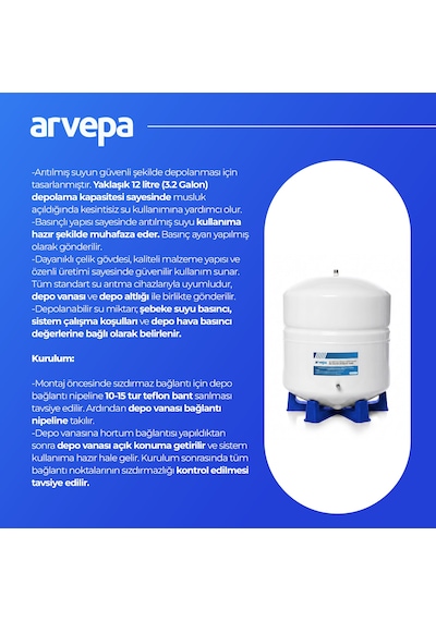 Arvepa Su Arıtma Cihazı 12 Litre (3.2 Galon) Çelik Depo Tankı - Uzun Ömürlü (Vana ve Altlık Dahil)