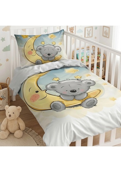 Biçomi %100 Doğal Pamuklu Yenidoğan Bebek Nevresim Takımı Unisex Aydaki Ayıcık Desenli Çok Renkli