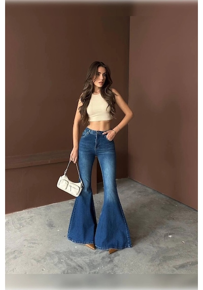Extra Geniş Paça Yüksek Bel Likralı İspanyol Jeans Çok Renkli Extra Geniş Paça Yüksek Bel Likralı İspanyol Jeans Çok Renkli