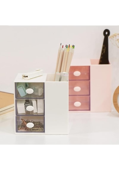 Masaüstü Kalemlik Organizer 7 Bölmeli Kawaii Kapaklı Mini Çekmeceli Kalemlik - Beyaz Beyaz