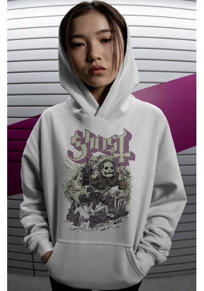 Sevbano Ghost Rock Metal Müzik Grubu Sırt Baskılı Unisex Oversize Premium beyaz