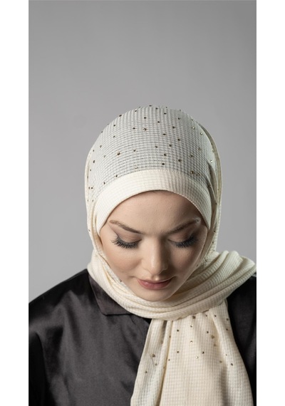 Hürrem Bone Krem Pratik Hazır Geçmeli Tesettür Şal Örme Kumaş Taş Desenli 2118t 40