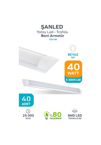 120 Cm 40 Watt Yatay Led Bant Armatür-trafolu Beyaz Işık-1-2-4-5-8-10-20-40 Adettir Beyaz- 40 Adet Diğer