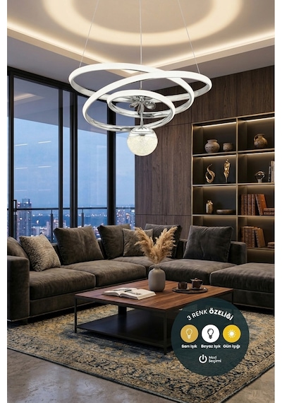 Kıvrımlı Çember Toplu 3 Renkli Sarkıt Led Avize Salon Avize Krom