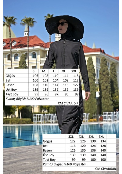 Remsa Tasarım Tam Kapalı Tesettür Mayo Tam Boy Uzun Boy R027 Fatma Siyah Siyah