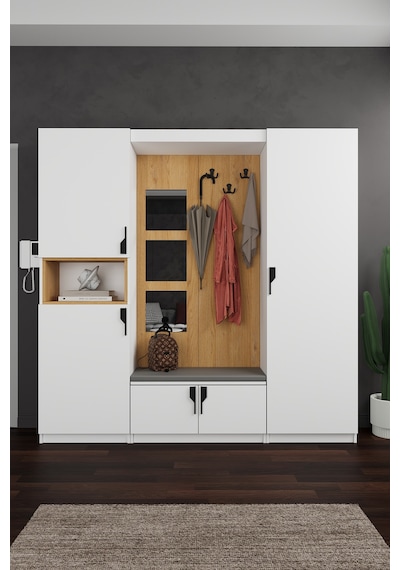 Lüks Aynalı Portmanto Askılı Vestiyer %100 Mdf Çok Raflı Ayakkabılık V05 Beyaz - Karına Lüks Aynalı Portmanto Askılı Vestiyer %100 Mdf Çok Raflı Ayakkabılık V05 Beyaz - Karına