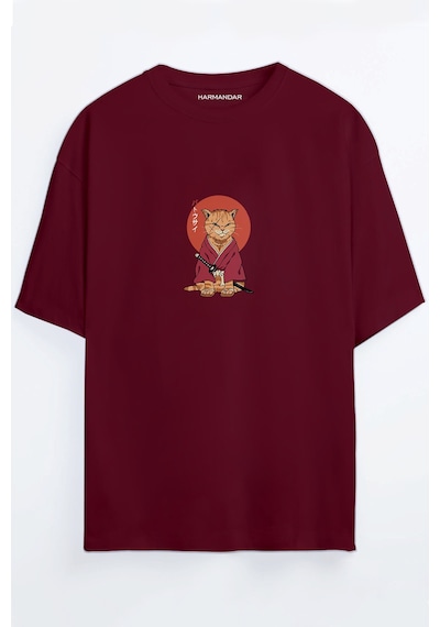 Anime Samuray Kedi Baskılı Unisex Siyah - Beyaz Oversize T-shirt Bordo