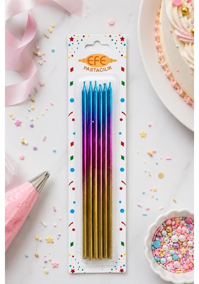 Metalik Gold Pembe Mavi Uzun Pasta Mumu 20 Cm Çok Renkli