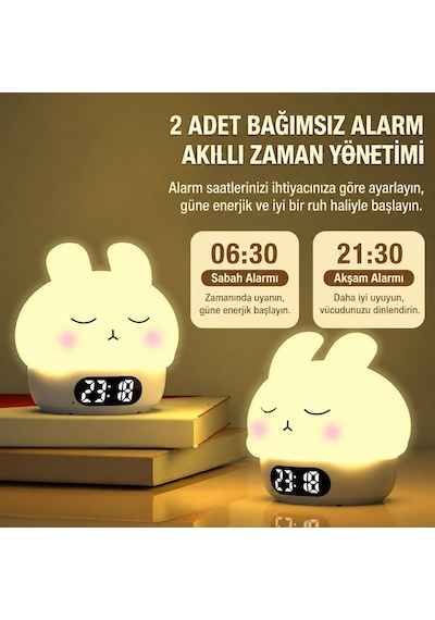 Tavşan Figürlü Dijital Led Çalar Saat Gece Lambası Usb Şarjlı Dokunmatik Masa Saati - Beyaz