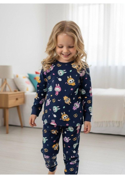 Koçak Kız Çocuk Labubu Temalı Pijama Takımı Lacivert