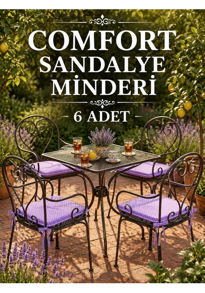 Comfort 6 Adet Sandalye Minderi Bağcıklı Özel Dikişli Süngerli Pamuklu Kumaş Sandalye Minderi Puanlı Mor