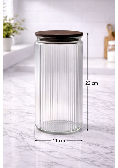 3'lü Cam Kavanoz Seti Bambu Vakum Kapak Mega Boy Çizgili Erzak Un Bakliyat Saklama Kabı 3x2000ml Şeffaf