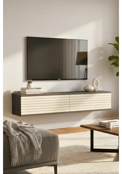 Tda1214at - Zeynep120 Duvara Montaj Tv Stand, Tv Rafı, Tv Sehpası Antrasit - Traverten 120cm