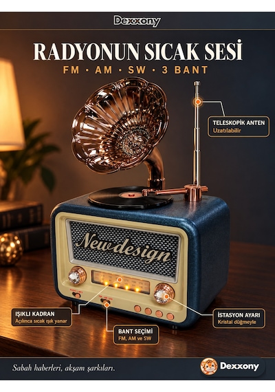 Dexxony Dx-2527 Mavi Nostaljik Radyo Gramofon Görünümlü Büyük Boy Şarjlı Bluetooth Hoparlör Fm Usb