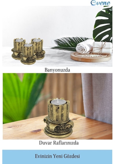 Eskitme Mumluk Şamdan 3 Adet Tealight Uyumlu Tarihi Sütun Model - Altın Eskitme