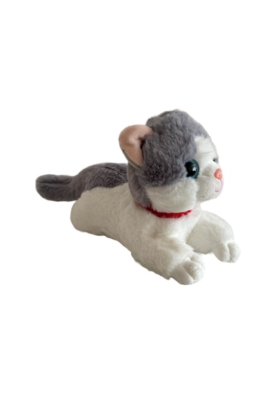 Sesli Yatan Miyavlayan 25 Cm Peluş Kedi Oyuncak - Gri Gri