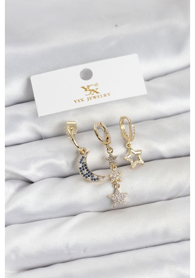 Pirinç Gold Renk Zirkon Taşlı Ay Ve Yıldız Model Ysx Trio Küpe Seti